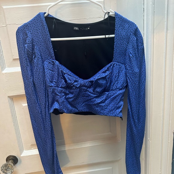 ZARA blue/black polka dot satin crop top - Picture 2 of 2